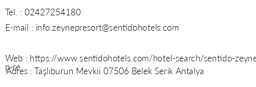 Sentido Zeynep Resort telefon numaralar, faks, e-mail, posta adresi ve iletiim bilgileri